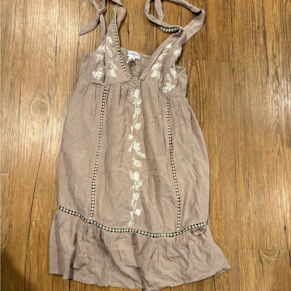 Jessica Simpson Taupe Dress with White Embroidery